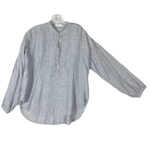 NWOT CP SHADES Tunic Shirt Blouse M Linen Stripe Balloon-Long-Sleeve Curve-Hem - Picture 1 of 11